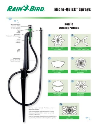 Micro-Quick™ Sprays


         Reversible Deflector
          Reversible Defletor
                                                                                                     Nozzle
        Reversivél Desviador
         de Doble Aplicación
                                                                                                 Watering Patterns
                     Nozzle
                      Bocal
                    Boquilla

               Transfer Barb
Acoplamento de Transferencia                                                A                              B
                       Paso

                    Adaptor
                  Adaptador
                  Adaptador




                                                                                  360˚- STAR BIRD™                PROPORTIONAL
                      Stake                                                           PATTERN                   BUTTERFLY PATTERN
                     Estaca
                     Estaca




            Transfer Tubing
       Tubo de Alimentacão
                                                                            C                              D
       Tubo de Alimentación




                                                                                    120˚ FAN SPRAY                360˚- 24 STREAM
                                                                                       PATTERN                       PATTERN




                                                                            E                              F



                                                                                      DOWN SPRAY                     NOTCHED
                                                                                       PATTERN                       PATTERN




                                                                                                 G
                                All components are protected by UV inhibitors and resist
                                agricultural chemicals.

                                Todos os componentes deste microaspersor, possuem
                                inibidores de UV (ultra violeta) e resistem aos quimicos
                                utilizados na agricultura.

                                Todos los componentes esstan protegidos por inhibidores de              “R”
                                luz ultravioleta y resisten las sustancias químicas agrícolas.        PATTERN
 