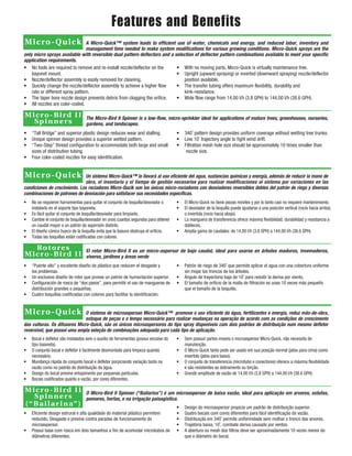 Features and Benefits
Micro-Quick                       A Micro-Quick™ system leads to efficient use of water, chemicals and energy, and reduced labor, inventory and
                                  management time needed to make system modifications for various growing conditions. Micro-Quick sprays are the
only micro sprays available with reversible dual pattern deflectors and a selection of deflector pattern combinations available to meet your specific
application requirements.
• No tools are required to remove and re-install nozzle/deflector on the   • With no moving parts, Micro-Quick is virtually maintenance free.
    bayonet mount.                                                         • Upright (upward spraying) or inverted (downward spraying) nozzle/deflector
• Nozzle/deflector assembly is easily removed for cleaning.                    position available.
• Quickly change the nozzle/deflector assembly to achieve a higher flow    • The transfer tubing offers maximum flexibility, durability and
    rate or different spray pattern.                                           kink-resistance.
• The taper bore nozzle design prevents debris from clogging the orifice.  • Wide flow range from 14,00 l/h (3.8 GPH) to 144,00 l/h (38.6 GPH).
• All nozzles are color-coded.

Micro-Bird II                      The Micro-Bird II Spinner is a low-flow, micro-sprinkler ideal for applications of mature trees, greenhouses, nurseries,
  Sp i n n e r s                   gardens, and landscapes.
•   “Tall Bridge” and superior plastic design reduces wear and stalling.              •   340˚ pattern design provides uniform coverage without wetting tree trunks.
•   Unique spinner design provides a superior wetted pattern.                         •   Low 10˚ trajectory angle to fight wind drift.
•   “Two-Step” thread configuration to accommodate both large and small               •   Filtration mesh hole size should be approximately 10 times smaller than
    sizes of distribution tubing.                                                          nozzle size.
•   Four color-coded nozzles for easy identification.


Mi c r o - Q u i c k           Un sistema Micro-Quick™ lo llavará al uso eficiente del agua, sustancias químicas y energía, además de reducir la mano de
                               obra, el inventario y el tiempo de gestión necesarios para realizar modificaciones al sistema por variaciones en las
condiciones de crecimiento. Los rociadores Micro-Qucik son los únicos micro-rociadores con desviadores reversibles dobles del patrón de riego y diversas
combinaciones de patrones de desviación para satisfacer sus necesidades específicas.
•   No se requieren harramientas para quitar el conjunto de boquilla/desviador o      •   El Micro-Quick no tiene piezas móviles y por lo tanto casi no requiere mantenimiento.
    instalarlo en el soporte tipo bayoneta.                                           •   El desviador de la boquilla puede ajustarse a una posición vertical (rocío hacia arriba)
•   Es fácil quitar el conjunto de boquilla/desviador para limpiarlo.                     o invertida (rocío hacia abojo).
•   Cambie el conjunto de boquilla/desviador en unos cuantos segundos para obtener    •   La manguera de transferencia ofrece máxima flexibilidad, durabilidad y resistancia a
    un caudal mayor o un patrón de aspersión distinto.                                    dobleces.
•   El diseño cónico hueco de la boquilla evita que la basura obstruya el orificio.   •   Amplia gama de caudales: de 14,00 l/h (3.8 GPH) a 144,00 l/h (38.6 GPH).
•   Todas las boquillas están codificadas con colores.

  Rotores                          El rotor Micro-Bird II es un micro-aspersor de bajo caudal, ideal para usarse en árboles maduros, invemaderos,
Micro-Bird II                      viveros, jardines y áreas verde
•   “Puente alto” y excelente diseño de plástico que reducen el desgaste y            •   Patrón de riego de 340˚ que permite aplicar el agua con una cobertura uniforme
    los problemas.                                                                        sin mojar los troncos de los árboles.
•   Un exclusivo diseño de rotor que provee un patrón de humectación superior.        •   Ángulo de trayectoria baja de 10˚ para resistir la deriva por viento.
•   Configuración de rosca de “dos pasos”, para permitir el uso de mangueras de       •   El tamaño de orificio de la malla de filtración es unas 10 veces más pequeño
    distribución grandes o pequeñas.                                                      que el tamaño de la boquilla.
•   Cuatro boquillas codificadas con colores para facilitar la identificación.


Mi c r o - Q u i c k           O sistema de microaspersao Micro-Quick™ promove o uso eficiente da água, fertilizantes e energia, reduz mão-de-obra,
                               estoque de peças e o tempo necessário para realizar mudanças na operação de acordo com as condições de crescimento
das culturas. Os difusores Micro-Quick, são os únicos microaspersores do tipo spray disponíveis com dois padrões de distribuição num mesmo defletor
reversível, que possui uma ampla seleção de combinações adequada para cada tipo de aplicação.
•   Bocal e defletor são instalados sem o auxilio de ferramentas (possui encaixe do   •   Sem possuir partes moveis o microaspersor Micro-Quick, não necessita de
    tipo baioneta).                                                                       manutenção.
•   O conjunto bocal e defletor é facilmente desmontado para limpeza quando           •   O Micro-Quick tanto pode ser usado em sua posição normal (jatos para cima) como
    necessário.                                                                           invertido (jatos para baixo).
•   Mundança rápida do conjunto bocal e defletor porpiciando variação tanto na        •   O conjunto de transferencia (microtubo e conectores) oferece a máxima flexibilidade
    vazão como no padrão de distribuição da água.                                         e são resistentes ao dobramento ou torção.
•   Design do bocal previne entupimento por pequenas partículas.                      •   Grande amplitude de vazão de 14,00 l/h (3.8 GPH) a 144,00 l/h (38.6 GPH).
•   Bocais codificados quanto a vazão, por cores diferentes.

Micro-Bird II                      O Micro-Bird II Spinner (“Bailarina”) é um microaspersor de baixa vazão, ideal para aplicação em arvores, estufas,
    Sp i n n e r s                 pomares, hortas, e na irrigação paisagistica.
( “ B a i l a r i n a” )                                                              •   Design do microaspersor propicia um padrão de distribuição superior.
•   Eficiente design estrural e alta qualidade do material plástico permitem          •   Quatro bocais com cores diferentes para fácil identificação da vazão.
    reduzido. Desgaste e previne contra paradas de funcionamento do                   •   Distribuição em 340˚ permite uniformidade sem molhar o tronco das arvores.
    microaspersor.                                                                    •   Trajetória baixa, 10˚, combate deriva causado por ventos.
•   Possui base com rosca em dois tamanhos a fim de acomodar microtubos de            •   A abertura ou mesh dos filtros deve ser aproximadamente 10 vezes menor do
    diãmetros diferentes.                                                                 que o diámetro do bocal.
 