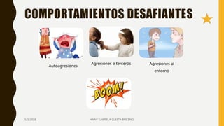 COMPORTAMIENTOS DESAFIANTES
Autoagresiones
Agresiones a terceros Agresiones al
entorno
5/3/2018 ANNY GABRIELA CUESTA BRICEÑO
 