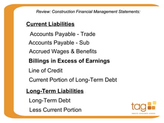 Current Liabilities
Accounts Payable - Trade
Accounts Payable - Sub
Accrued Wages & Benefits
Line of Credit
Current Portion of Long-Term Debt
Billings in Excess of Earnings
Long-Term Liabilities
Long-Term Debt
Less Current Portion
Review: Construction Financial Management Statements:Review: Construction Financial Management Statements:
 
