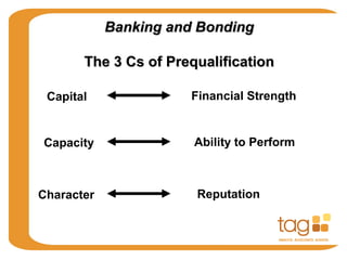 Banking and BondingBanking and Bonding
The 3 Cs of PrequalificationThe 3 Cs of Prequalification
Capital Financial Strength
Capacity Ability to Perform
Character Reputation
 