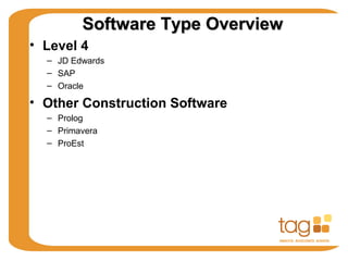 Software Type OverviewSoftware Type Overview
• Level 4
– JD Edwards
– SAP
– Oracle
• Other Construction Software
– Prolog
– Primavera
– ProEst
 