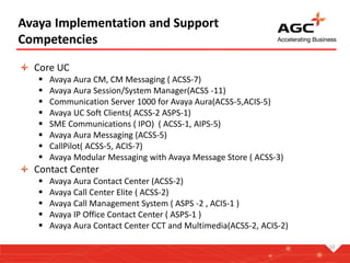 Avaya Implementation and Support
Competencies
Core UC
 Avaya Aura CM, CM Messaging ( ACSS-7)
 Avaya Aura Session/System Manager(ACSS -11)
 Communication Server 1000 for Avaya Aura(ACSS-5,ACIS-5)
 Avaya UC Soft Clients( ACSS-2 ASPS-1)
 SME Communications ( IPO) ( ACSS-1, AIPS-5)
 Avaya Aura Messaging (ACSS-5)
 CallPilot( ACSS-5, ACIS-7)
 Avaya Modular Messaging with Avaya Message Store ( ACSS-3)
Contact Center
 Avaya Aura Contact Center (ACSS-2)
 Avaya Call Center Elite ( ACSS-2)
 Avaya Call Management System ( ASPS -2 , ACIS-1 )
 Avaya IP Office Contact Center ( ASPS-1 )
 Avaya Aura Contact Center CCT and Multimedia(ACSS-2, ACIS-2)
10
 