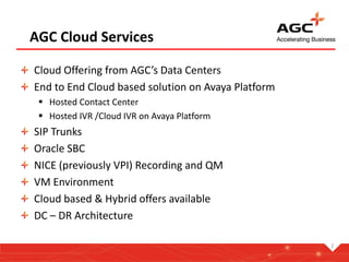 AGC Cloud Services
Cloud Offering from AGC’s Data Centers
End to End Cloud based solution on Avaya Platform
 Hosted Contact Center
 Hosted IVR /Cloud IVR on Avaya Platform
SIP Trunks
Oracle SBC
NICE (previously VPI) Recording and QM
VM Environment
Cloud based & Hybrid offers available
DC – DR Architecture
2
 
