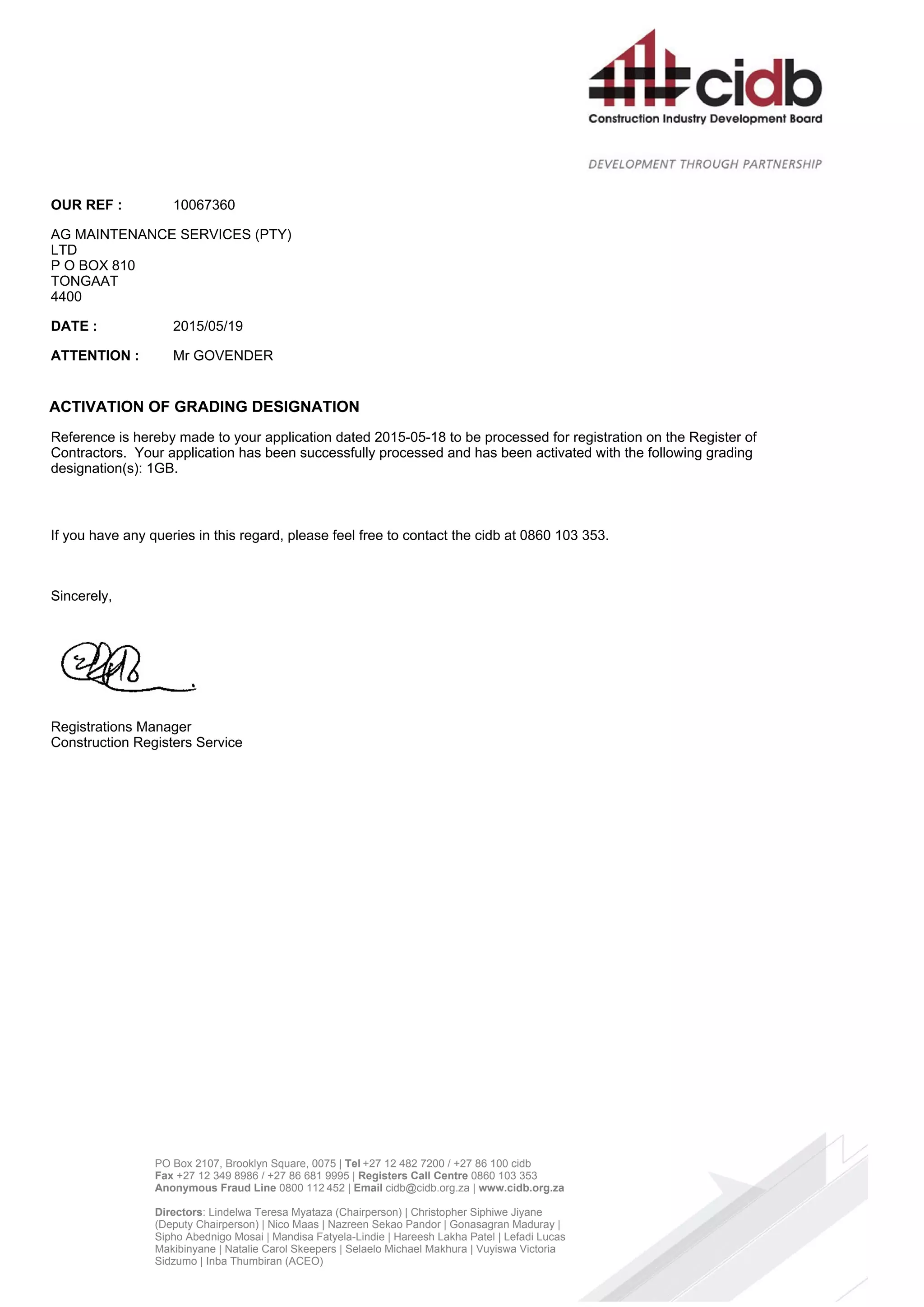 AGMC cidb letter of registration | PDF