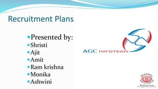 Recruitment Plans for AGC Infotech
Presented by:
Shristi
Ajit
Amit
Ram krishna
Monika
Ashwini
 