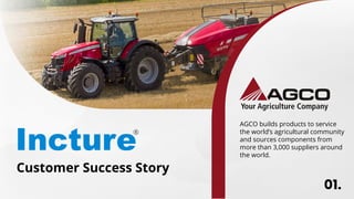 AGCO builds products to service
the world’s agricultural community
and sources components from
more than 3,000 suppliers around
the world.
Customer Success Story
01.
 