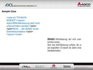 © 2011 AGCO Corporation 
All rights reserved. 
Sample Case 
13 
<note id="T018479- 
NOE527"><para> 
<ptxt>MIN-Markierung darf nicht 
unterschritten werden.</ptxt> 
<ptxt>Nicht ... die Gefahr eines 
Getriebeschadens.</ptxt> 
</para></note> 
 