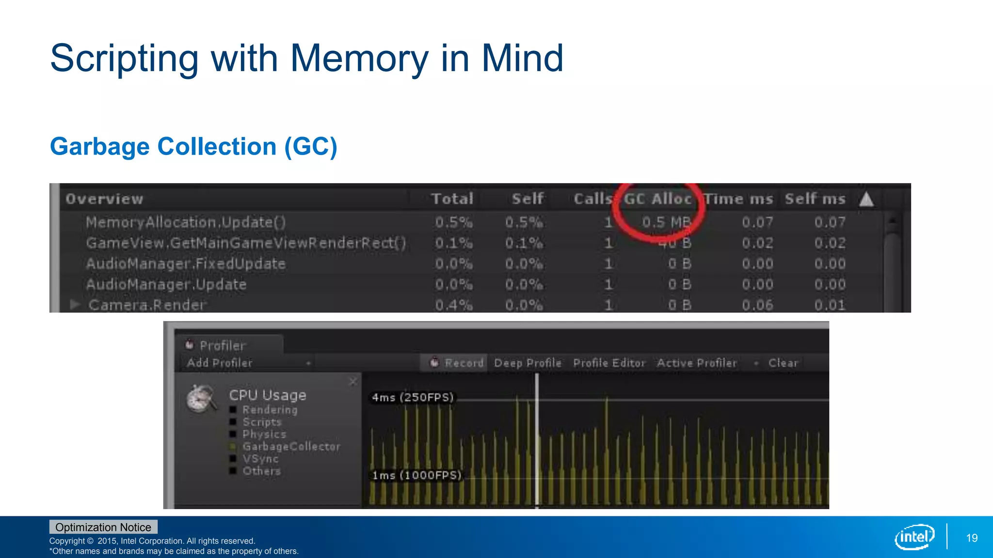Copyright © 2015, Intel Corporation. All rights reserved.
*Other names and brands may be claimed as the property of others.
Optimization Notice
19
Scripting with Memory in Mind
Garbage Collection (GC)
 