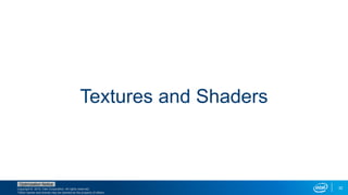 Copyright © 2015, Intel Corporation. All rights reserved.
*Other names and brands may be claimed as the property of others.
Optimization Notice
32
Textures and Shaders
 