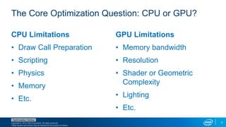 Copyright © 2015, Intel Corporation. All rights reserved.
*Other names and brands may be claimed as the property of others.
Optimization Notice
5
CPU Limitations
• Draw Call Preparation
• Scripting
• Physics
• Memory
• Etc.
GPU Limitations
• Memory bandwidth
• Resolution
• Shader or Geometric
Complexity
• Lighting
• Etc.
The Core Optimization Question: CPU or GPU?
 