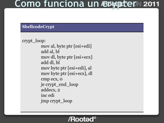 ShellcodeCrypt
crypt_loop:
mov al, byte ptr [esi+edi]
add al, bl
mov dl, byte ptr [esi+ecx]
add dl, bl
mov byte ptr [esi+edi], al
mov byte ptr [esi+ecx], dl
cmp ecx, 0
je crypt_end_loop
addecx, 2
inc edi
jmp crypt_loop
 