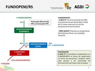 FUNDOPEM/RS
34
10% 90%40%
75%
0%
+15% (FINANCIAMENTO)
% FINANCIAMENTO
% FRUIÇÃO
% ABATIMENTO
DESENVOLVIMENTO
SOCIAL
DESENVOLVIMENTO
ECONÔMICO
% CONTEÚDO
LOCAL
Pontuação diferenciada
PPE ou Fornecedor PPE.
FUNDOPEM/RS
- O QUE É? Um financiamento do ICMS
incremental mensal devido (Base média
de 12 meses anteriores ao mês do
protocolo da Carta-Consulta)
- PARA QUEM? Empresas ou Cooperativas
de Produtores Rurais com atividade
industrial
INTEGRAR/RS
O QUE É? Um benefício complementar ao
FUNDOPEM/RS na forma de abatimento
na forma de percentual, incidente sobre
cada parcela a ser amortizada do
financiamento (principal mais encargos)
 