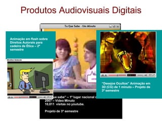 Produtos Audiovisuais Digitais “ Tu que sabe” – 1º lugar nacional do Expocoml 2007 – Vídeo Minuto 10,811  visitas no youtube. Projeto de 3º semestre “ Desejos Ocultos” Animação em 3D (CG) de 1 minuto – Projeto de 3º semestre Animação em flash sobre Direitos Autorais para cadeira de Ética – 2º semestre 