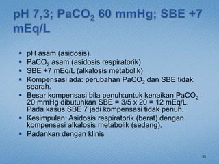  pH asam (asidosis).
 PaCO2 asam (asidosis respiratorik)
 SBE +7 mEq/L (alkalosis metabolik)
 Kompensasi ada: perubahan PaCO2 dan SBE tidak
searah.
 Besar kompensasi bila penuh:untuk kenaikan PaCO2
20 mmHg dibutuhkan SBE = 3/5 x 20 = 12 mEq/L.
Pada kasus SBE 7 jadi kompensasi tidak penuh.
 Kesimpulan: Asidosis respiratorik (berat) dengan
kompensasi alkalosis metabolik (sedang).
 Padankan dengan klinis
33
 