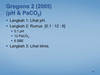  Langkah 1: Lihat pH.
 Langkah 2: Rumus [0.1 : 12 : 6]
 0.1 pH
 12 PaCO2
 6 SBE
 Langkah 3: Lihat klinis.
34
 