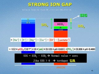 42
Na+
K+ 4
Ca++
Mg++
Cl-
HCO3
-
KATION ANION
SIDa
STRONG ION GAP
= [Na+] + [K+] + [Mg++] + [Ca++] - [Cl-] – [Lactate-]
Lactate
A-
= 12.2×pCO2/(10-pH )+10×[alb]×(0.123×pH–0.631) +[PO4
–]×(0.309×pH–0.469)
SIDe
SIG = SIDa – SIDe  Normal value = zero
Jika SIG > 0  terdapat
SIG
UA
Kellum JA, Kramer DJ, Pinsky MR ,J Crit Care 1995,10:51--55.
 
