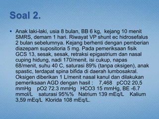  Anak laki-laki, usia 8 bulan, BB 6 kg, kejang 10 menit
SMRS, demam 1 hari. Riwayat VP shunt ec hidrosefalus
2 bulan sebelumnya. Kejang berhenti dengan pemberian
diazepam supositoria 5 mg. Pada pemeriksaan fisik
GCS 13, sesak, sesak, retraksi epigastrium dan nasal
cuping hidung, nadi 170/menit, isi cukup, napas
68/menit, suhu 40 C, saturasi 89% (tanpa oksigen), anak
spastic, terdapat spina bifida di daerah lumbosakral.
Oksigen diberikan 1 L/menit nasal kanul dan dilakukan
pemeriksaan AGD dengan hasil : 7,468 pCO2 20,5
mmHg pO2 72.3 mmHg HCO3 15 mmHg, BE -6.7
mmol/L saturasi 95%% Natrium 139 mEq/L Kalium
3,59 mEq/L Klorida 108 mEq/L.
 