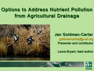 Options to Address Nutrient PollutionOptions to Address Nutrient Pollution
from Agricultural Drainagefrom Agricultural Drainage
Jan Goldman-CarterJan Goldman-Carter
goldmancarterj@nwf.orggoldmancarterj@nwf.org
Presenter and contributorPresenter and contributor
Laura Bryant, lead authorLaura Bryant, lead author
 