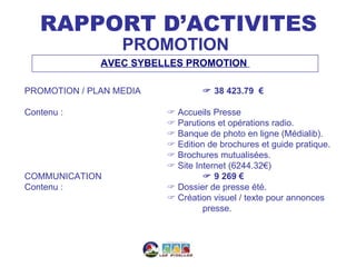 RAPPORT D’ACTIVITES
                  PROMOTION
              AVEC SYBELLES PROMOTION

PROMOTION / PLAN MEDIA            38 423.79 €

Contenu :                 Accueils Presse
                          Parutions et opérations radio.
                          Banque de photo en ligne (Médialib).
                          Edition de brochures et guide pratique.
                          Brochures mutualisées.
                          Site Internet (6244.32€)
COMMUNICATION                      9 269 €
Contenu :                 Dossier de presse été.
                          Création visuel / texte pour annonces
                                  presse.
 