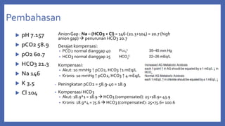 Pembahasan
• Anion Gap : Na – (HCO3 + Cl) = 146-(21.3+104) = 20.7 (high
anion gap)  penurunan HCO3 20.7
• Derajat kompensasi:
• PCO2 normal dianggap 40
• HCO3 normal dianggap 25
• Kompensasi:
• Akut: 10 mmHg ↑ pCO2, HCO3 ↑1 mEq/L
• Kronis: 10 mmHg ↑ pCO2, HCO3 ↑ 4 mEq/L
• Peningkatan pCO2 = 58.9-40 = 18.9
• Kompensasi HCO3
• Akut: 18.9*1 = 18.9  HCO3 (compensated): 25+18.9= 43.9
• Kronis: 18.9*4 = 75.6  HCO3 (compensated): 25+75.6= 100.6
 pH 7.157
 pCO2 58.9
 pO2 60.7
 HCO3 21.3
 Na 146
 K 3.5
 Cl 104
 
