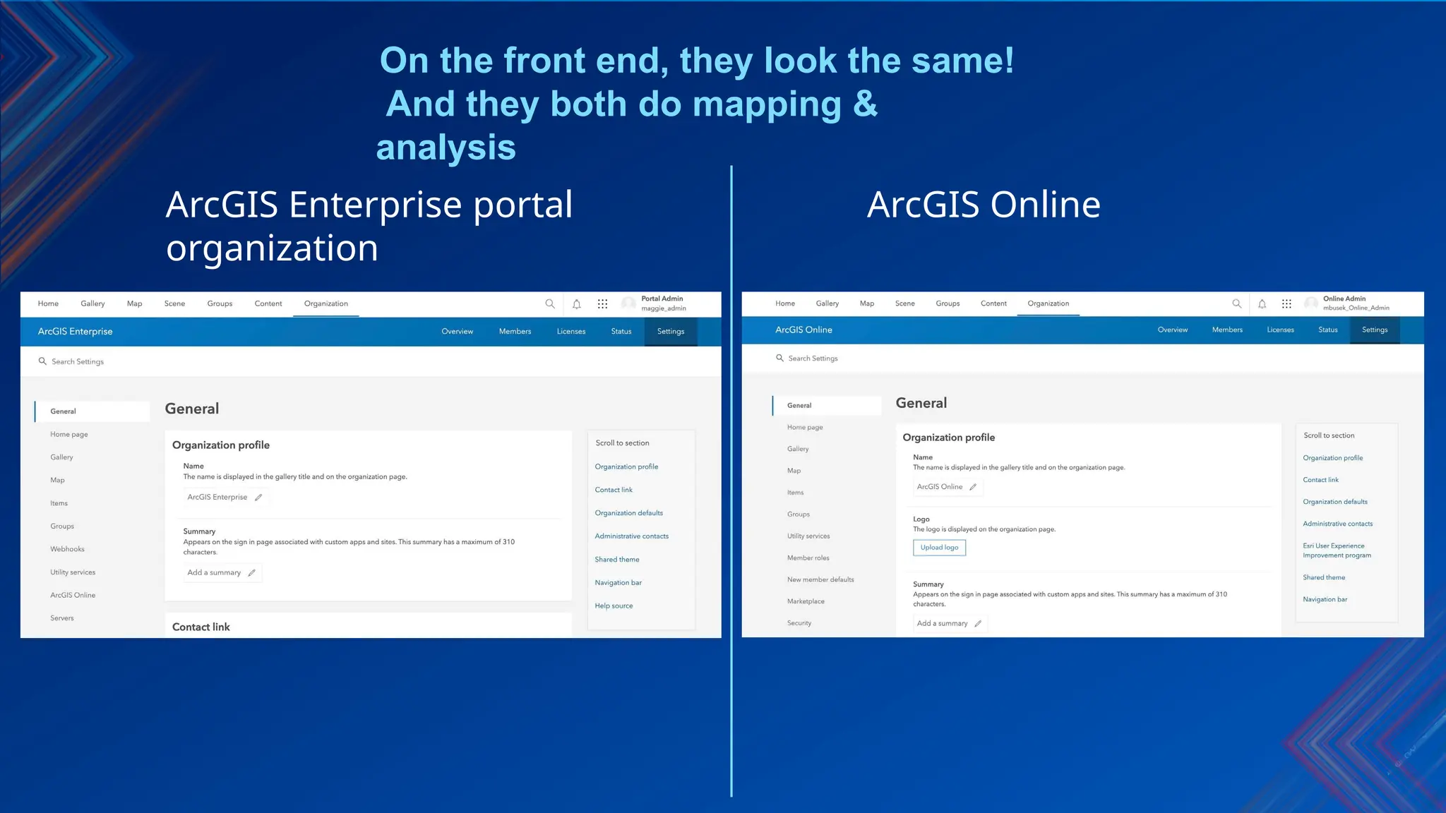 On the front end, they look the same!
And they both do mapping &
analysis
ArcGIS Enterprise portal ArcGIS Online
organization
 