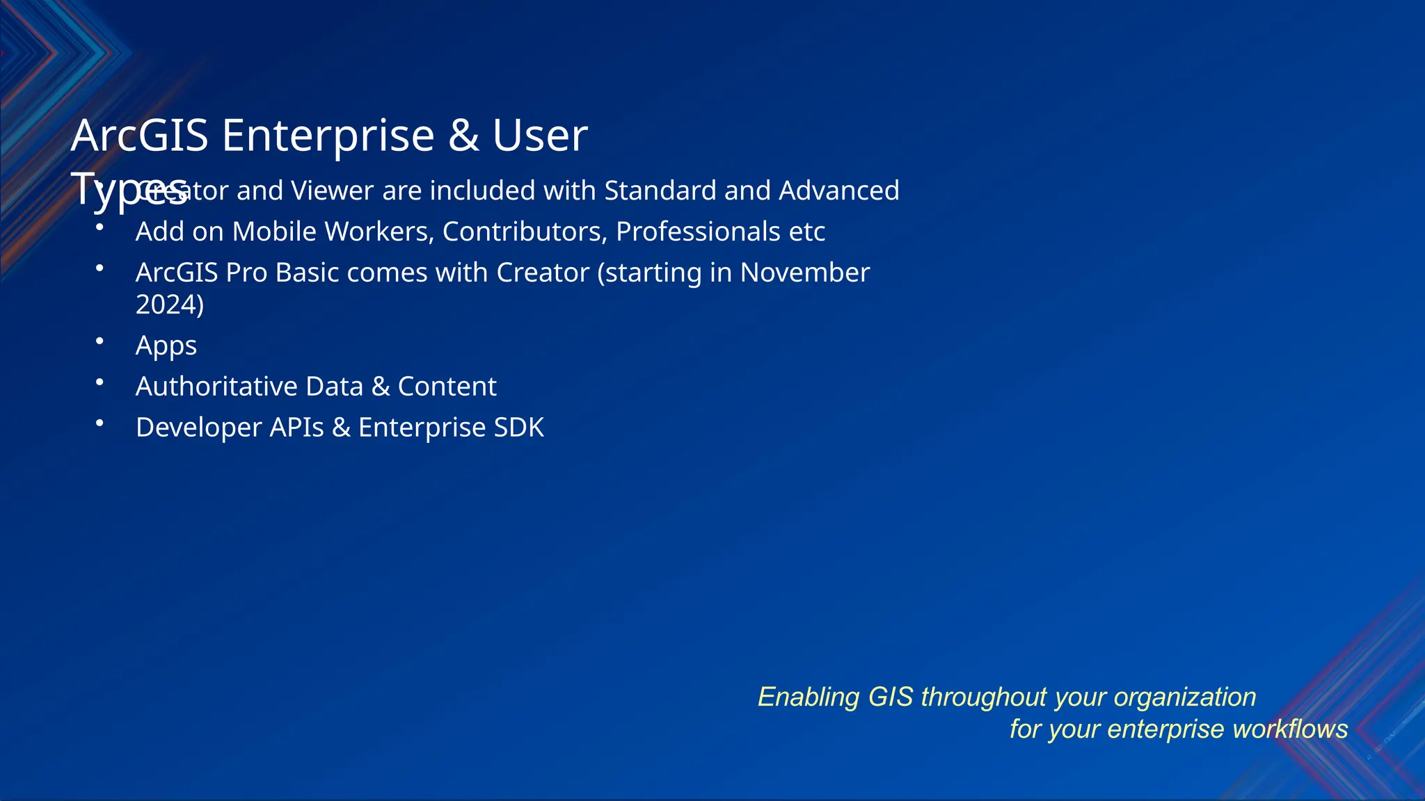 ArcGIS Enterprise & User
Types
Enabling GIS throughout your organization
for your enterprise workflows
• Creator and Viewer are included with Standard and Advanced
• Add on Mobile Workers, Contributors, Professionals etc
• ArcGIS Pro Basic comes with Creator (starting in November
2024)
• Apps
• Authoritative Data & Content
• Developer APIs & Enterprise SDK
 