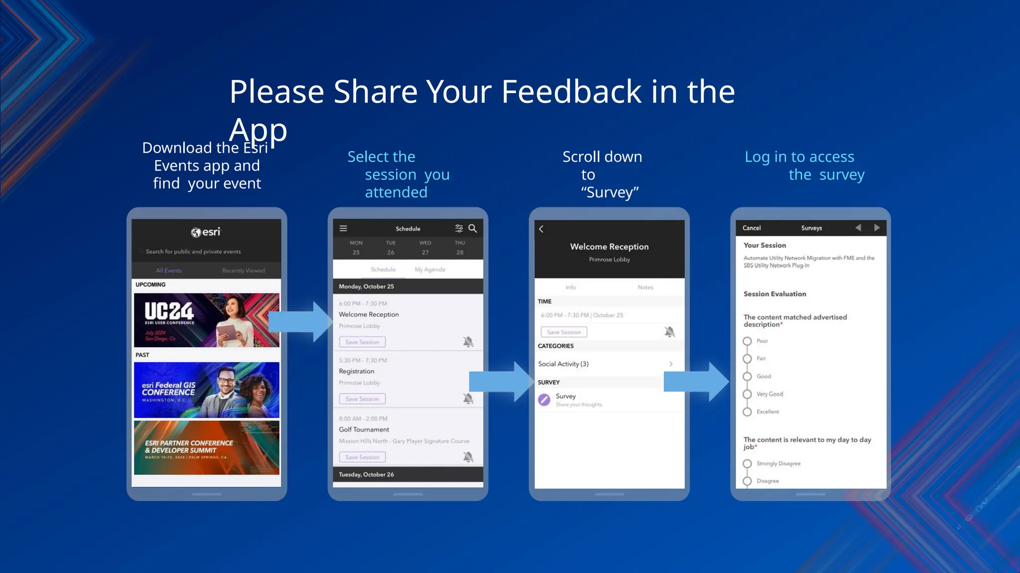 Please Share Your Feedback in the
App
Download the Esri
Events app and
find your event
Select the
session you
attended
Scroll down
to
“Survey”
Log in to access
the survey
 