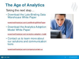 © 2013 Health Catalyst
www.healthcatalyst.com
The Age of Analytics
Taking the next step…
• Download the Late-Binding Data
Warehouse White Paper
www.healthcatalyst.com/LateBindingWhitePaper
• Download the Analytics Adoption
Model White Paper
www.healthcatalyst.com/analytics-adoption-model
• Contact us to learn more about
our solutions and communication
tools
www.healthcatalyst.com/company/contact-us
43
 