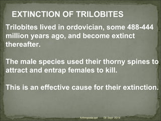 EXTINCTION OF TRILOBITES
Trilobites lived in ordovician, some 488-444
million years ago, and become extinct
thereafter.
The male species used their thorny spines to
attract and entrap females to kill.
This is an effective cause for their extinction.
Arthropoda.ppt 08 Sept. 2014
 