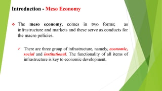 Introduction - Meso Economy
 The meso economy, comes in two forms; as
infrastructure and markets and these serve as condu...