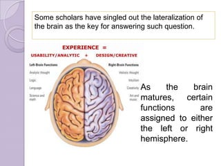 As the brain
matures, certain
functions are
assigned to either
the left or right
hemisphere.
Some scholars have singled out the lateralization of
the brain as the key for answering such question.
 
