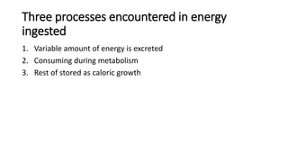 Three processes encountered in energy
ingested
1. Variable amount of energy is excreted
2. Consuming during metabolism
3. Rest of stored as caloric growth
 
