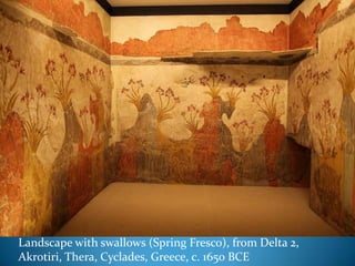 Landscape with swallows (Spring Fresco), from Delta 2, Akrotiri, Thera, Cyclades, Greece, c. 1650 BCE