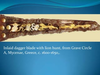 Inlaid dagger blade with lion hunt, from Grave Circle A, Mycenae, Greece, c. 1600-1650,.