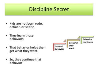 Discipline Secret
• Kids are not born rude,
defiant, or selfish.
• They learn those
behaviors.
• That behavior helps them
...