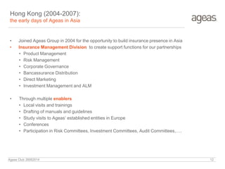 Hong Kong (2004-2007):
the early days of Ageas in Asia
• Joined Ageas Group in 2004 for the opportunity to build insurance presence in Asia
• Insurance Management Division to create support functions for our partnerships
• Product Management
• Risk Management
• Corporate Governance
• Bancassurance Distribution
• Direct Marketing
• Investment Management and ALM
• Through multiple enablers
• Local visits and trainings
• Drafting of manuals and guidelines
• Study visits to Ageas’ established entities in Europe
• Conferences
• Participation in Risk Committees, Investment Committees, Audit Committees,….
Ageas Club 26062014 12
 