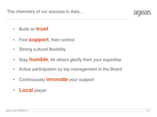 The chemistry of our success in Asia…
• Build on trust
• First support, then control
• Strong cultural flexibility
• Stay humble, let others glorify from your expertise
• Active participation by top management in the Board
• Continuously innovate your support
• Local player
Ageas Club 26062014 13
 