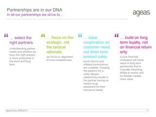 Partnerships are in our DNA
In all our partnerships we strive to…
… select the
right partners“understanding partner
needs and whether we
have the right solution
is more productive in
the short and long
term
… focus on the
strategic, not
the tactical
rationale
“
we focus on alignment
of core competencies
… base
cooperation on
customer need,
not short term
product sales
“
quick returns and
inflated commissions
are unstable. Creating
the platform for a
wider deeper
relationship results in
the partner having no
reason to go
elsewhere for their
insurance needs
… build on long
term loyalty, not
on financial return
only
“
a pure financial
motivation will never
result in long term
partnership that is
mutually rewarding.
Ability to evolve and
be flexible creates
more value
Ageas Club 26062014 5
 