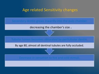 Decrease in sensation to hot and cold stimuli.
Tubular lumen becomes obturated by peritubular dentin.
By age 80, almost all dentinal tubules are fully occluded.
Secondary dentin grows inwardly into the pulp chamber
decreasing the chamber’s size .
Age related Sensitivity changes
 