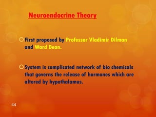 Neuroendocrine Theory
First proposed by Professor Vladimir Dilman
and Ward Dean.
System is complicated network of bio chemicals
that governs the release of hormones which are
altered by hypothalamus.
44
 
