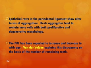 Epithelial rests in the periodontal ligament show alter
forms of aggregation. Rests aggregates tend to
contain more cells with both proliferative and
degenerative morphology.
The PDL has been reported to increase and decrease in
with age. Van der Velden explains this discrepancy on
the basis of the number of remaining teeth.
82
 