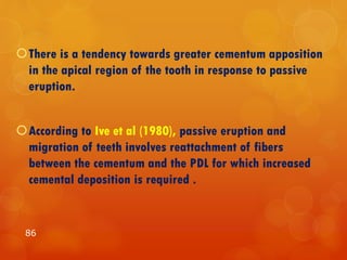 There is a tendency towards greater cementum apposition
in the apical region of the tooth in response to passive
eruption.
According to Ive et al (1980), passive eruption and
migration of teeth involves reattachment of fibers
between the cementum and the PDL for which increased
cemental deposition is required .
86
 