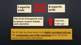 The d/l ratio has been shown to be highly correlated with age
The racemization rate of the cementum shows the fastest
reaction than enamel and dentine.
l-aspartic
acids
d-aspartic
acids
The levels of d-aspartic acid
in human enamel, dentine
and cementum
Increase
with age.
20
 