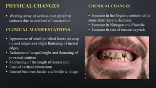 PHYSICAL CHANGES
 Wearing away of occlusal and proximal
contacts due to overload of mastication
CLINICAL MANIFESTATIONS-
 Appearance of small polished facets on cusp
tip and ridges and slight flattening of incisal
edges.
 Reduction of cuspal height and flattening of
proximal contour
 Shortening of the length of dental arch
 Loss of vertical dimensions
 Enamel becomes harder and brittle with age
CHEMICAL CHANGES:
• Increase in the Organic content while
some state there is decrease
• Increase in Nitrogen and Fluoride
• Increase in size of enamel crystals
27
 