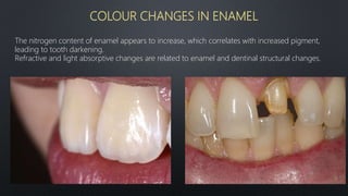 COLOUR CHANGES IN ENAMEL
The nitrogen content of enamel appears to increase, which correlates with increased pigment,
leading to tooth darkening.
Refractive and light absorptive changes are related to enamel and dentinal structural changes.
29
 