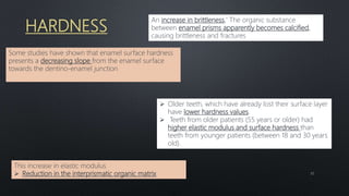 HARDNESS
An increase in brittleness,' The organic substance
between enamel prisms apparently becomes calcified,
causing brittleness and fractures
Some studies have shown that enamel surface hardness
presents a decreasing slope from the enamel surface
towards the dentino-enamel junction
 Older teeth, which have already lost their surface layer
have lower hardness values.
 Teeth from older patients (55 years or older) had
higher elastic modulus and surface hardness than
teeth from younger patients (between 18 and 30 years
old).
This increase in elastic modulus
 Reduction in the interprismatic organic matrix 32
 