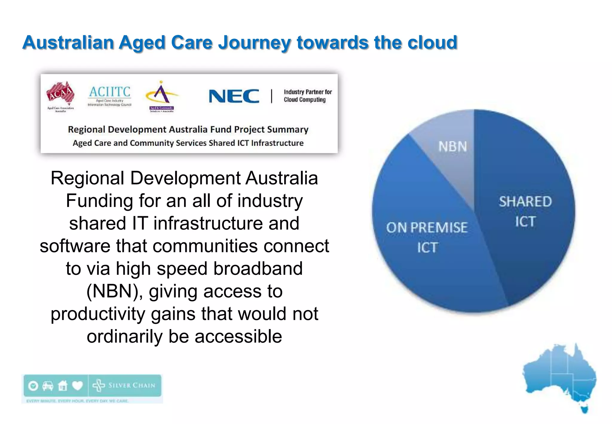 Australian Aged Care Journey towards the cloud




  Regional Development Australia
    Funding for an all of industry
     shared IT infrastructure and
 software that communities connect
    to via high speed broadband
       (NBN), giving access to
  productivity gains that would not
       ordinarily be accessible
 
