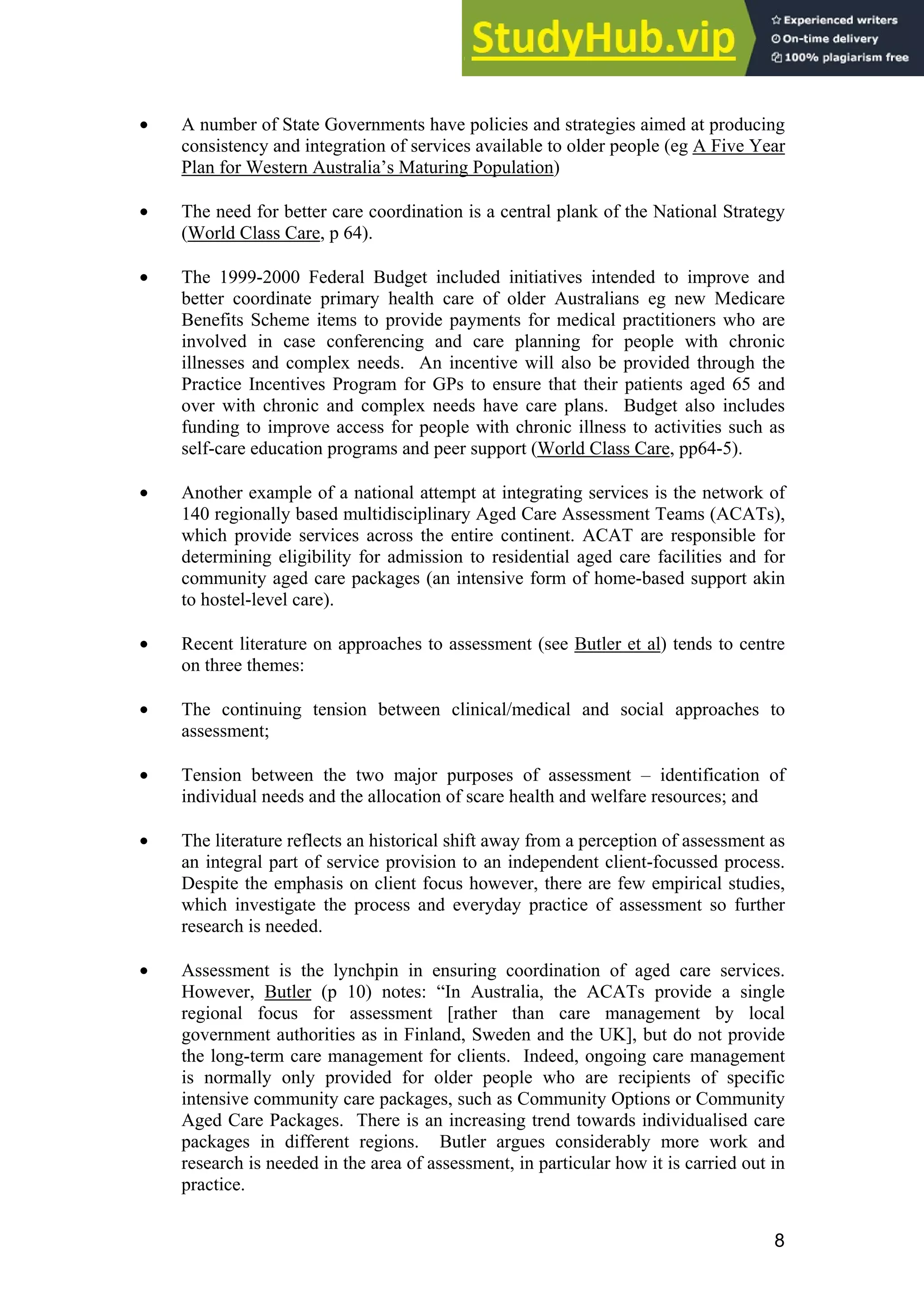 AGED CARE LITERATURE REVIEW COORDINATION AND INTEGRATION OF SERVICES | PDF