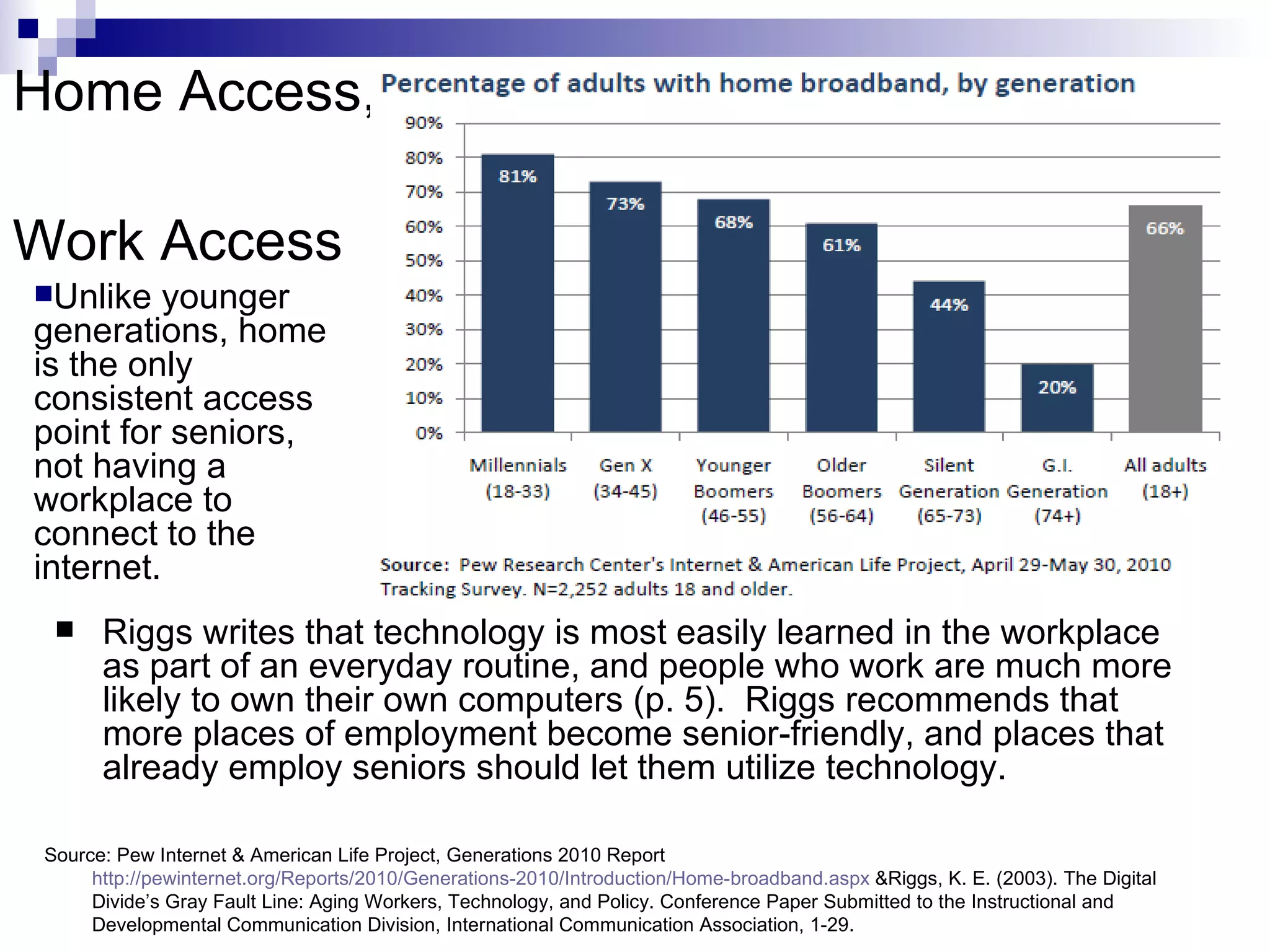 Home Access,  Work Access   Riggs writes that technology is most easily learned in the workplace as part of an everyday routine, and people who work are much more likely to own their own computers (p. 5).  Riggs recommends that more places of employment become senior-friendly, and places that already employ seniors should let them utilize technology.  Unlike younger generations, home is the only consistent access point for seniors, not having a workplace to connect to the internet.   Source: Pew Internet & American Life Project, Generations 2010 Report  http://pewinternet.org/Reports/2010/Generations-2010/Introduction/Home-broadband.aspx  &Riggs, K. E. (2003). The Digital Divide’s Gray Fault Line: Aging Workers, Technology, and Policy. Conference Paper Submitted to the Instructional and Developmental Communication Division, International Communication Association, 1-29. 